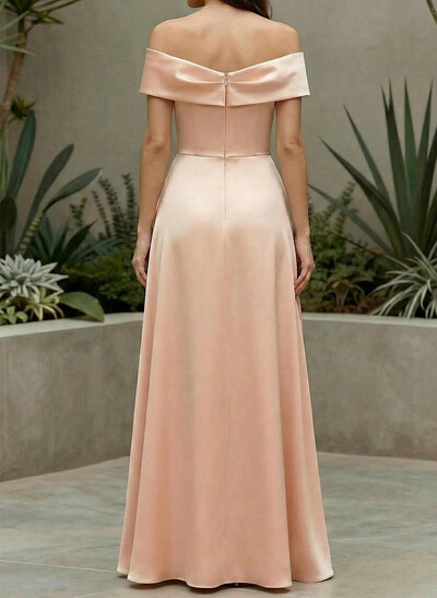 A-Line Off-The-Shoulder Sleeveless Floor-Length Matte Satin Evening Dresses With Pleated