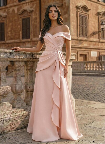 A-Line Off-The-Shoulder Sleeveless Floor-Length Matte Satin Evening Dresses With Pleated