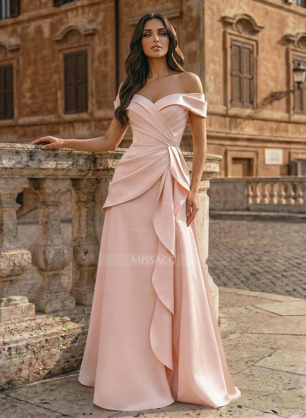 A-Line Off-The-Shoulder Sleeveless Floor-Length Matte Satin Evening Dresses With Pleated