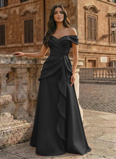 A-Line Off-The-Shoulder Sleeveless Floor-Length Matte Satin Evening Dresses With Pleated