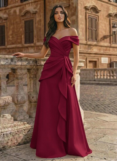 A-Line Off-The-Shoulder Sleeveless Floor-Length Matte Satin Evening Dresses With Pleated