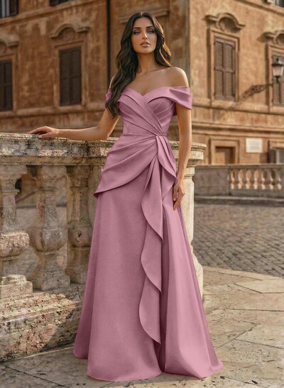 A-Line Off-The-Shoulder Sleeveless Floor-Length Matte Satin Evening Dresses With Pleated