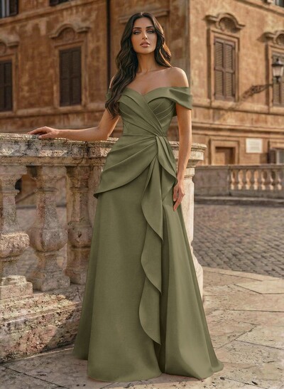 A-Line Off-The-Shoulder Sleeveless Floor-Length Matte Satin Evening Dresses With Pleated