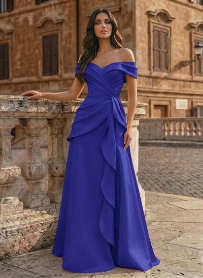A-Line Off-The-Shoulder Sleeveless Floor-Length Matte Satin Evening Dresses With Pleated