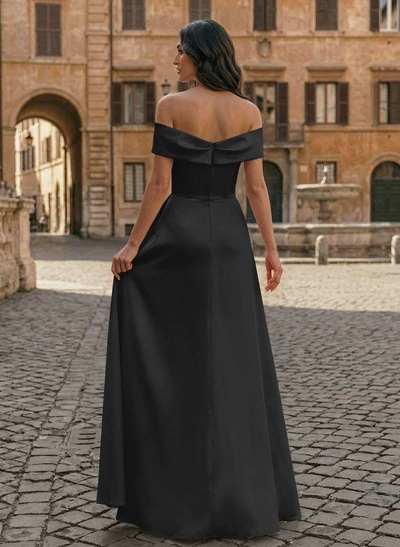 A-Line Off-The-Shoulder Sleeveless Floor-Length Matte Satin Evening Dresses With Pleated