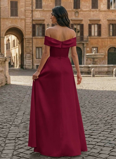 A-Line Off-The-Shoulder Sleeveless Floor-Length Matte Satin Evening Dresses With Pleated