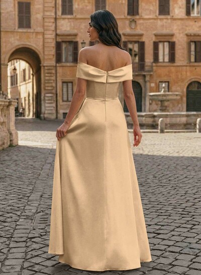 A-Line Off-The-Shoulder Sleeveless Floor-Length Matte Satin Evening Dresses With Pleated