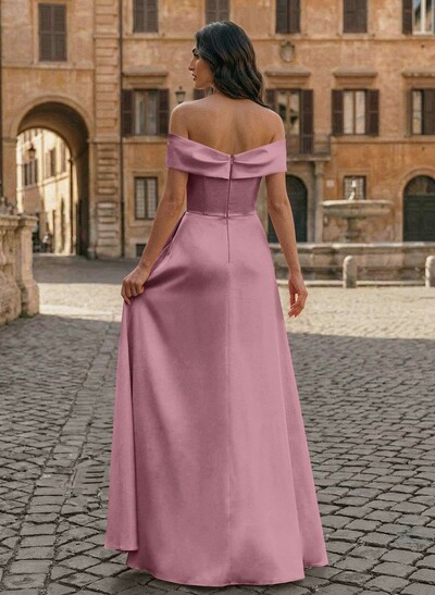 A-Line Off-The-Shoulder Sleeveless Floor-Length Matte Satin Evening Dresses With Pleated