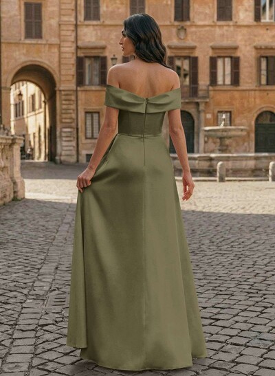 A-Line Off-The-Shoulder Sleeveless Floor-Length Matte Satin Evening Dresses With Pleated