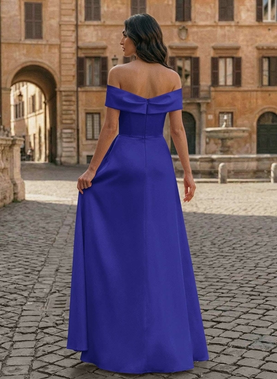 A-Line Off-The-Shoulder Sleeveless Floor-Length Matte Satin Evening Dresses With Pleated