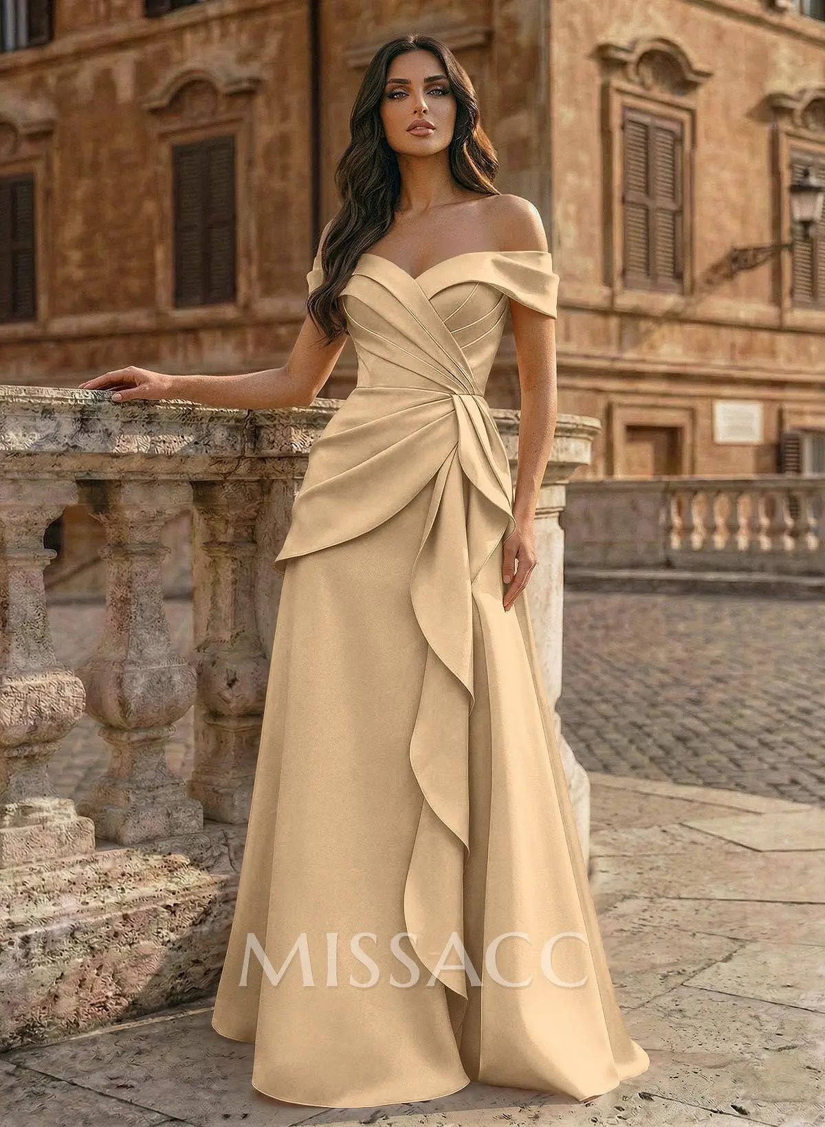 A-Line Off-The-Shoulder Sleeveless Floor-Length Matte Satin