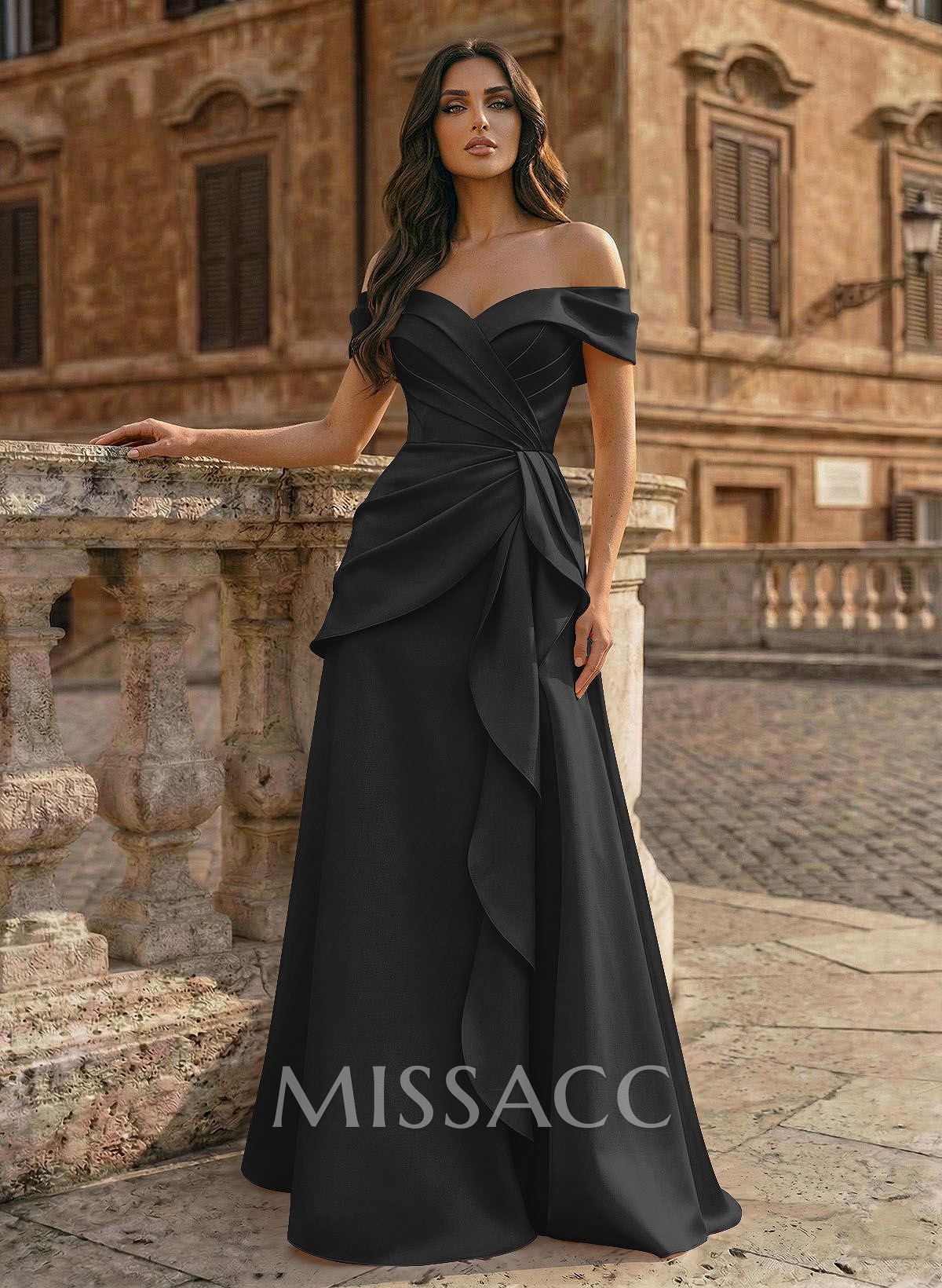 A-Line Off-The-Shoulder Sleeveless Floor-Length Matte Satin Evening Dresses With Pleated