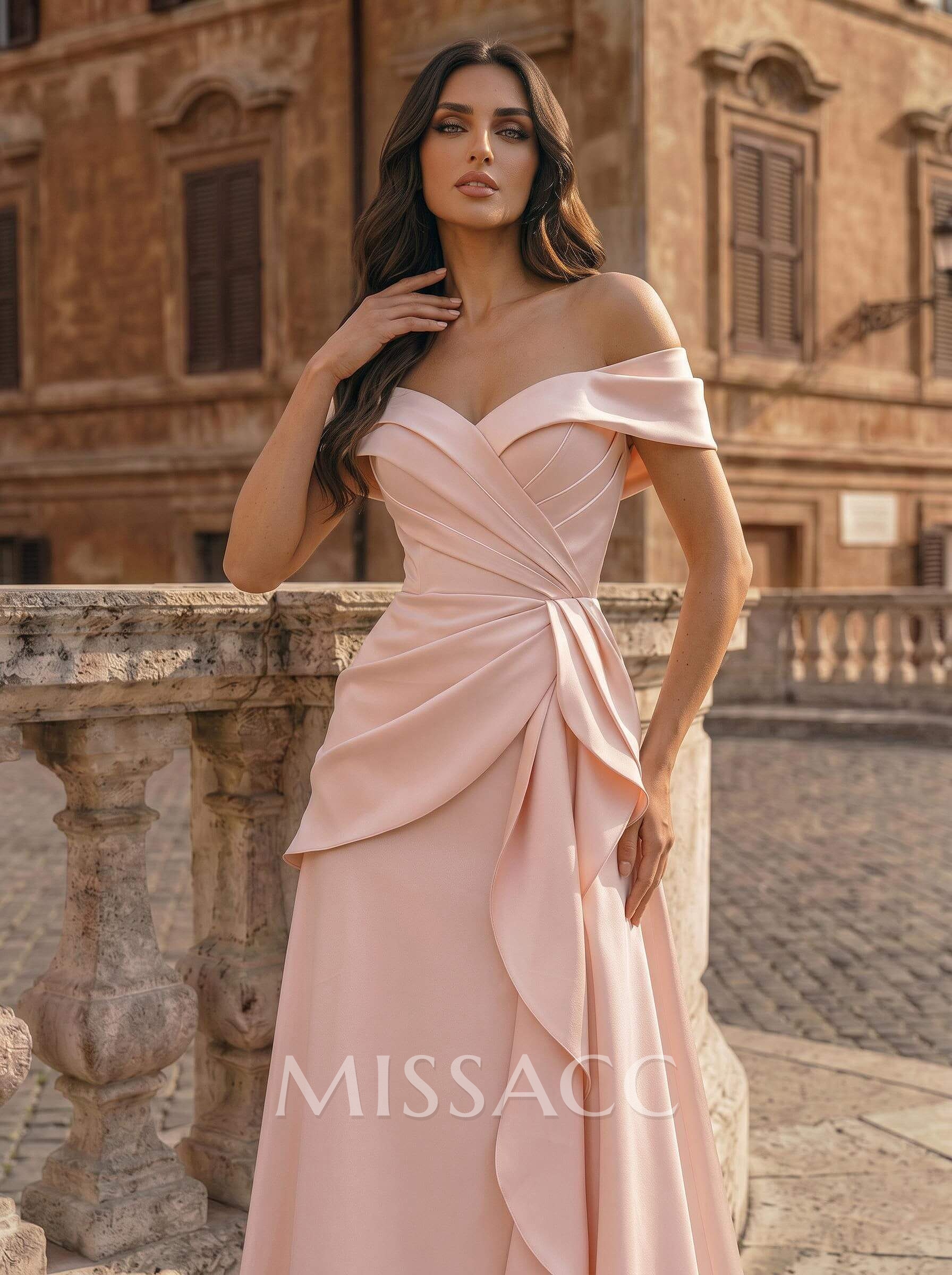 A-Line Off-The-Shoulder Sleeveless Floor-Length Matte Satin Evening Dresses With Pleated