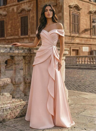 A-Line Off-The-Shoulder Sleeveless Floor-Length Matte Satin Evening Dresses With Pleated