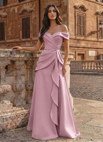 A-Line Off-The-Shoulder Sleeveless Floor-Length Matte Satin Evening Dresses With Pleated