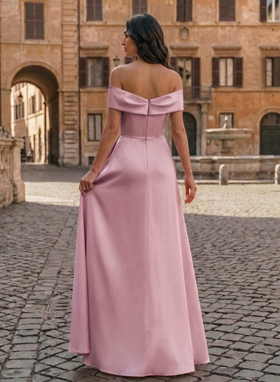 A-Line Off-The-Shoulder Sleeveless Floor-Length Matte Satin Evening Dresses With Pleated
