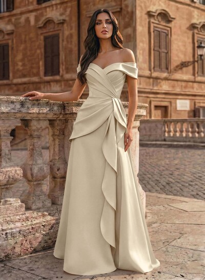 A-Line Off-The-Shoulder Sleeveless Floor-Length Matte Satin Evening Dresses With Pleated