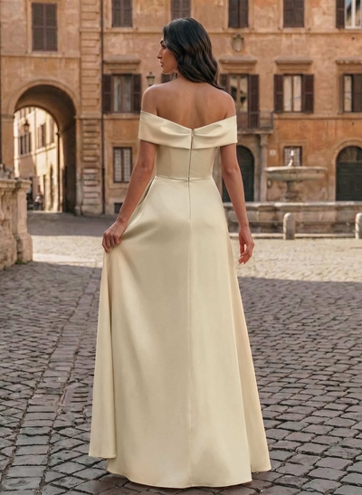 A-Line Off-The-Shoulder Sleeveless Floor-Length Matte Satin Evening Dresses With Pleated