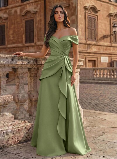 A-Line Off-The-Shoulder Sleeveless Floor-Length Matte Satin Evening Dresses With Pleated