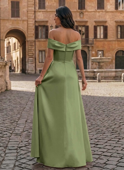 A-Line Off-The-Shoulder Sleeveless Floor-Length Matte Satin Evening Dresses With Pleated
