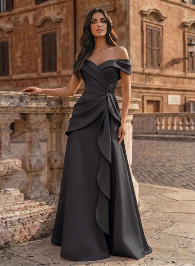 A-Line Off-The-Shoulder Sleeveless Floor-Length Matte Satin Evening Dresses With Pleated