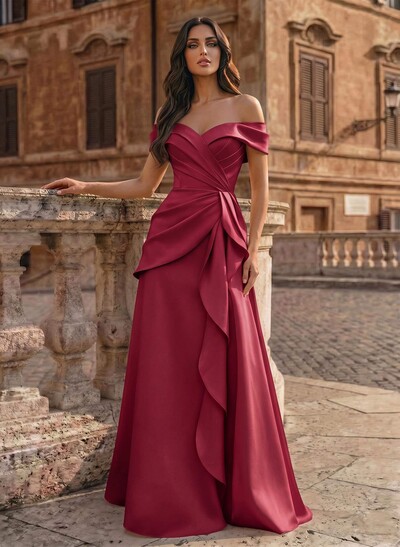 A-Line Off-The-Shoulder Sleeveless Floor-Length Matte Satin Evening Dresses With Pleated