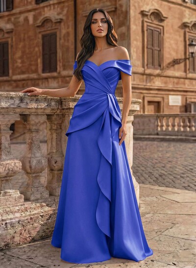 A-Line Off-The-Shoulder Sleeveless Floor-Length Matte Satin Evening Dresses With Pleated
