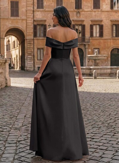 A-Line Off-The-Shoulder Sleeveless Floor-Length Matte Satin Evening Dresses With Pleated