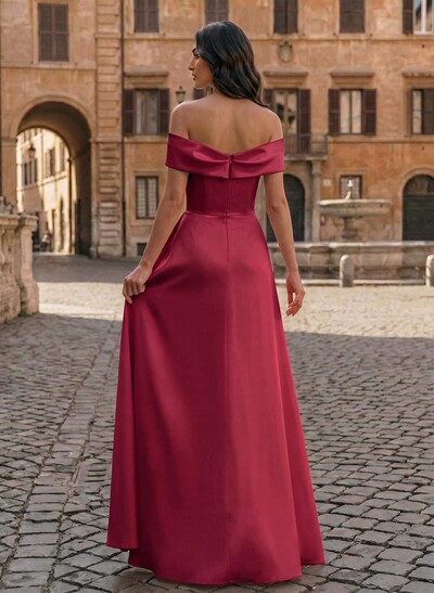 A-Line Off-The-Shoulder Sleeveless Floor-Length Matte Satin Evening Dresses With Pleated