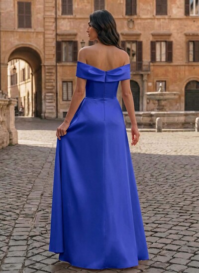 A-Line Off-The-Shoulder Sleeveless Floor-Length Matte Satin Evening Dresses With Pleated