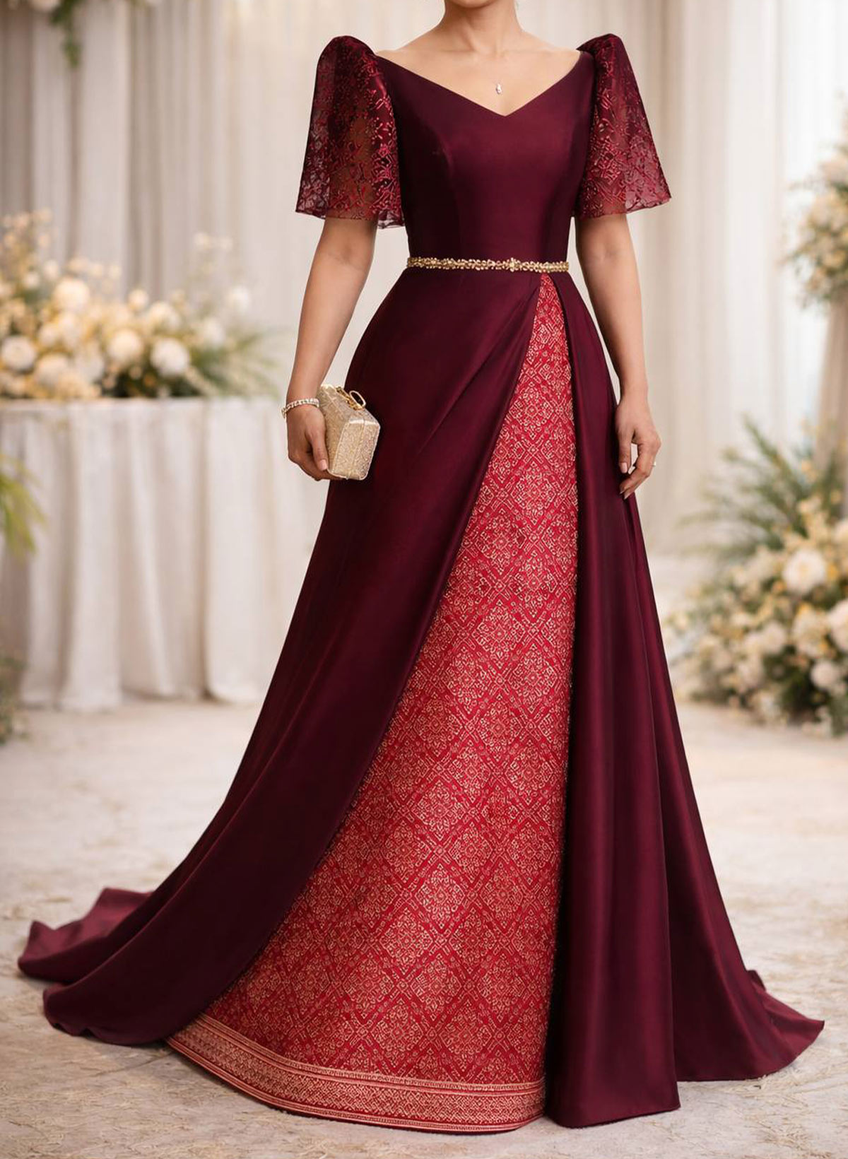 A-Line V-Neck Short Sleeves Sweep Train Chiffon/Satin Evening Dresses With Beading