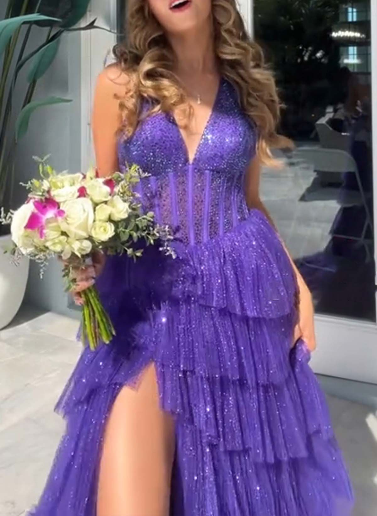 Sweet & Flow A-Line Halter Sweep Train Lace/Charmeuse Prom Dresses With Cascading Ruffles/Sequins/High Split