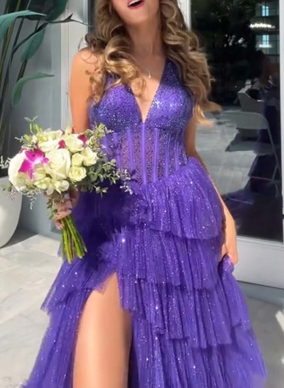 Sweet & Flow A-Line Halter Sweep Train Lace/Charmeuse Prom Dresses With Cascading Ruffles/Sequins/High Split