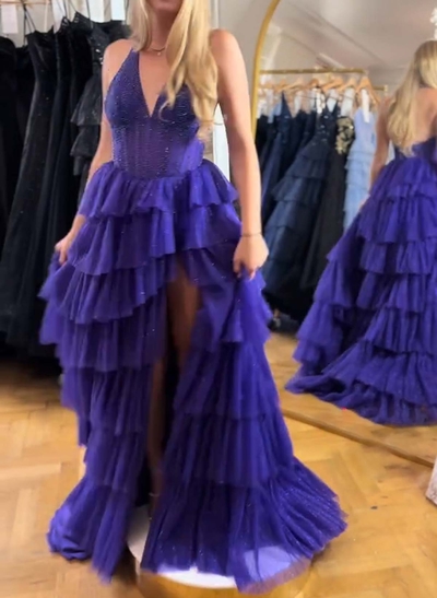 Sweet & Flow A-Line Halter Sweep Train Lace/Charmeuse Prom Dresses With Cascading Ruffles/Sequins/High Split