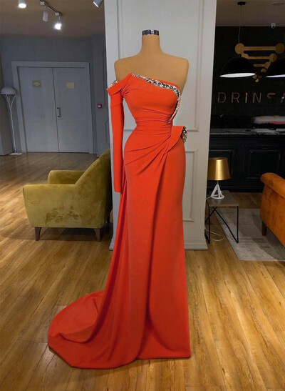 Trumpet/Mermaid Strapless/One-Shoulder Long Sleeves Court Train Elastic Satin Prom Dresses With Rhinestone