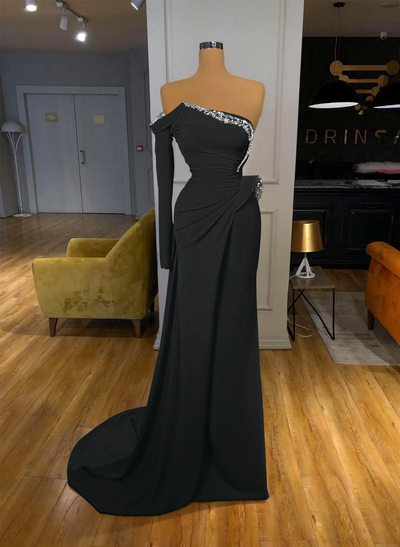 Trumpet/Mermaid Strapless/One-Shoulder Long Sleeves Court Train Elastic Satin Prom Dresses With Rhinestone