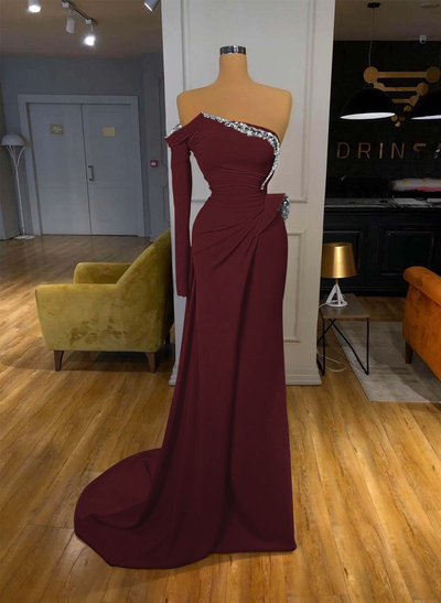 Trumpet/Mermaid Strapless/One-Shoulder Long Sleeves Court Train Elastic Satin Prom Dresses With Rhinestone