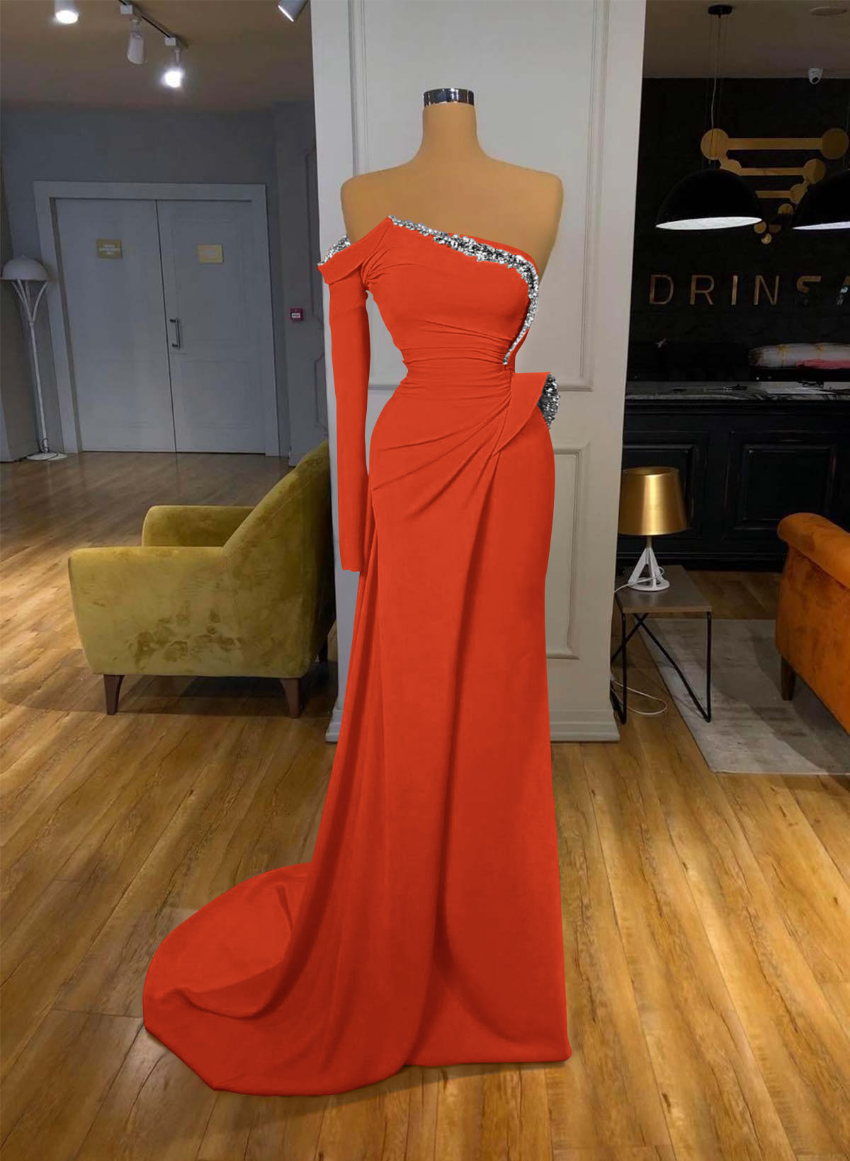 Trumpet/Mermaid Strapless/One-Shoulder Long Sleeves Court Train Elastic Satin Prom Dresses With Rhinestone