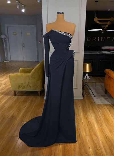 Trumpet/Mermaid Strapless/One-Shoulder Long Sleeves Court Train Elastic Satin Prom Dresses With Rhinestone