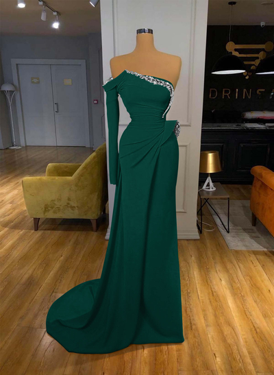 Trumpet/Mermaid Strapless/One-Shoulder Long Sleeves Court Train Elastic Satin Prom Dresses With Rhinestone