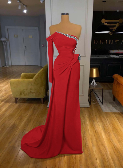 Trumpet/Mermaid Strapless/One-Shoulder Long Sleeves Court Train Elastic Satin Prom Dresses With Rhinestone