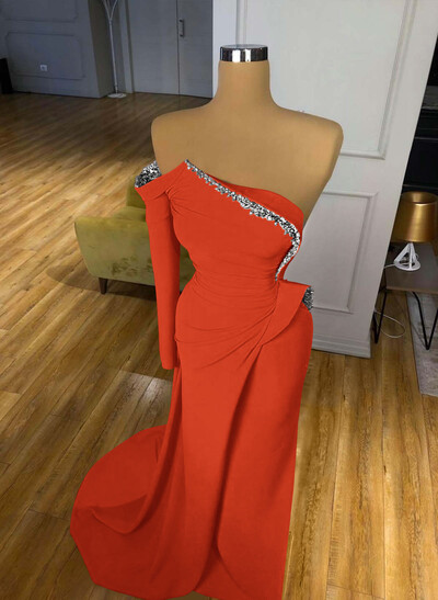 Trumpet/Mermaid Strapless/One-Shoulder Long Sleeves Court Train Elastic Satin Prom Dresses With Rhinestone