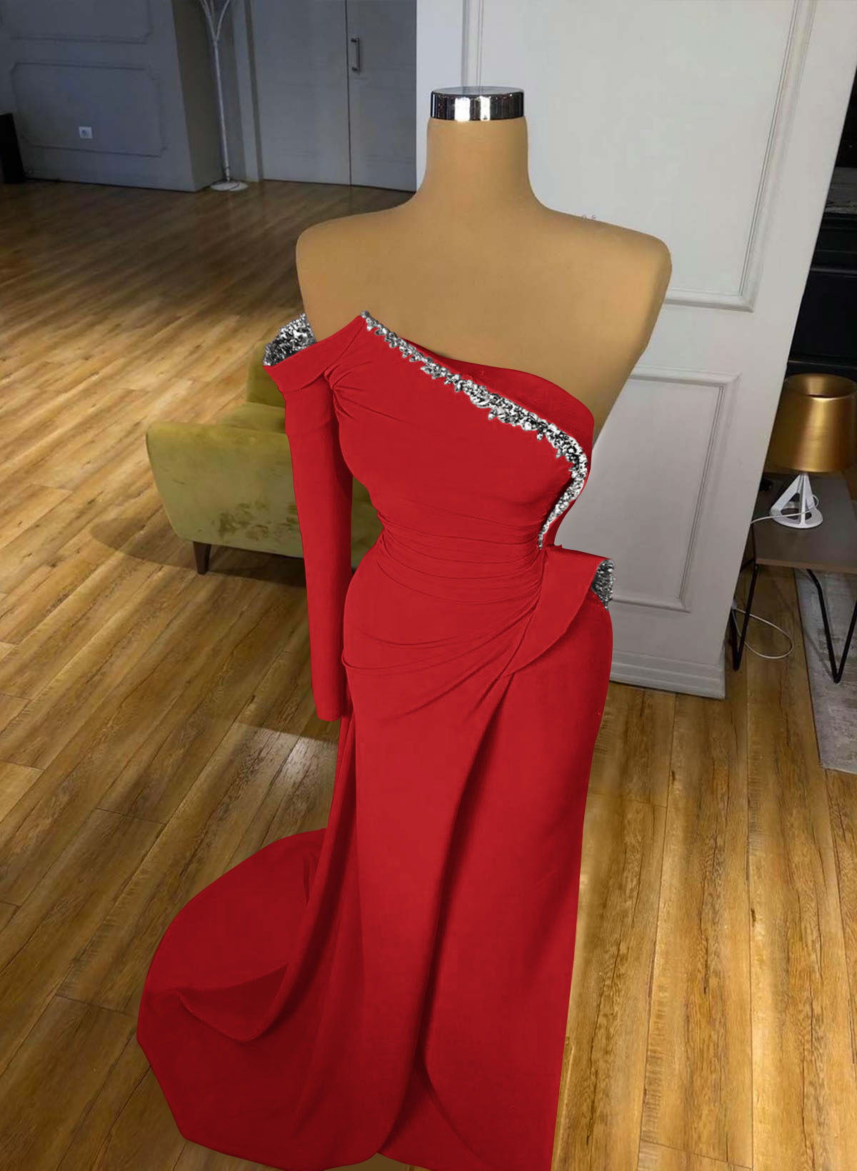 Trumpet/Mermaid Strapless/One-Shoulder Long Sleeves Court Train Elastic Satin Prom Dresses With Rhinestone