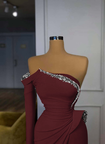 Trumpet/Mermaid Strapless/One-Shoulder Long Sleeves Court Train Elastic Satin Prom Dresses With Rhinestone
