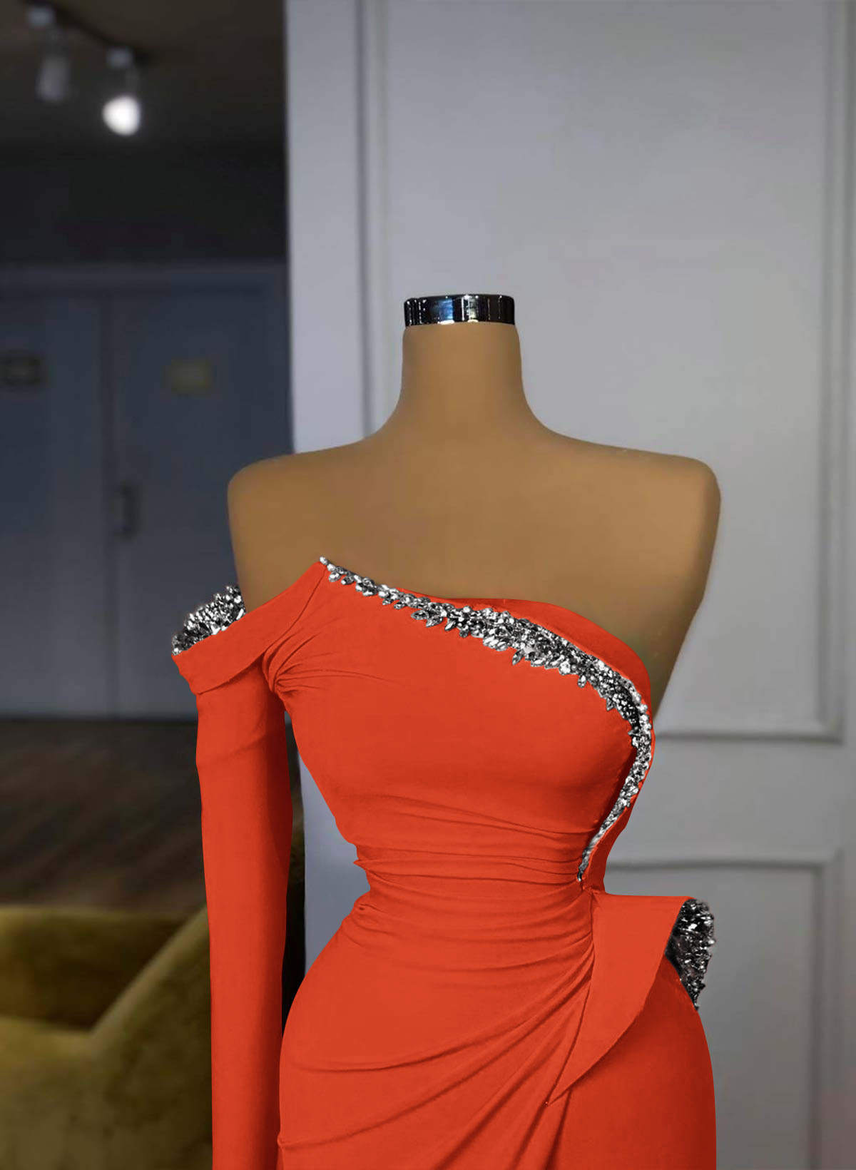 Trumpet/Mermaid Strapless/One-Shoulder Long Sleeves Court Train Elastic Satin Prom Dresses With Rhinestone