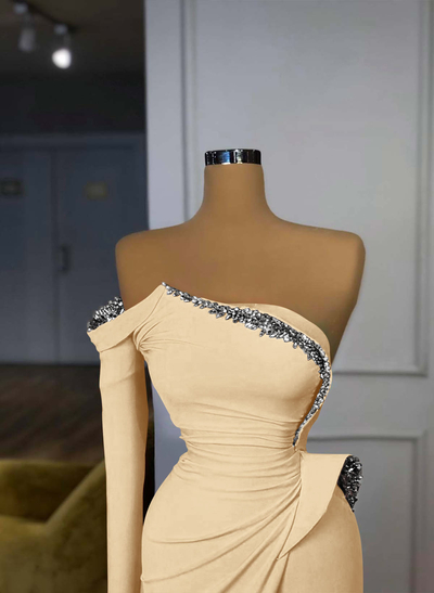 Trumpet/Mermaid Strapless/One-Shoulder Long Sleeves Court Train Elastic Satin Prom Dresses With Rhinestone