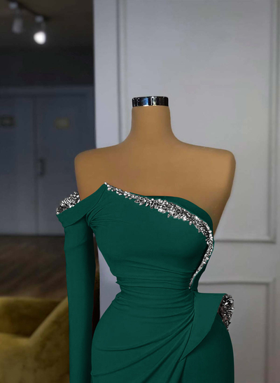 Trumpet/Mermaid Strapless/One-Shoulder Long Sleeves Court Train Elastic Satin Prom Dresses With Rhinestone