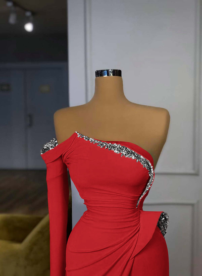 Trumpet/Mermaid Strapless/One-Shoulder Long Sleeves Court Train Elastic Satin Prom Dresses With Rhinestone