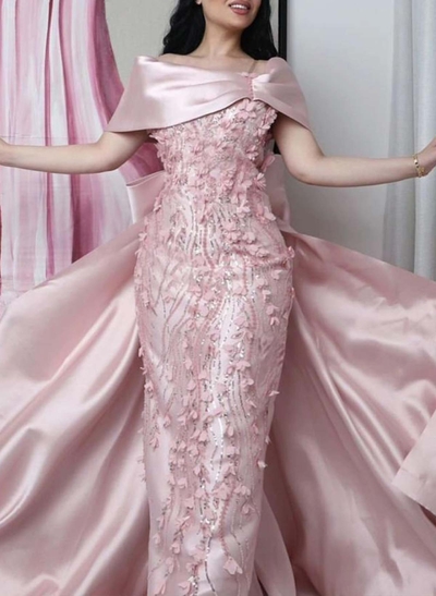 Sheath/Column Off-The-Shoulder Sweep Train Lace/Satin Prom Dresses With Bow(s)/Sequins/Flower(s)