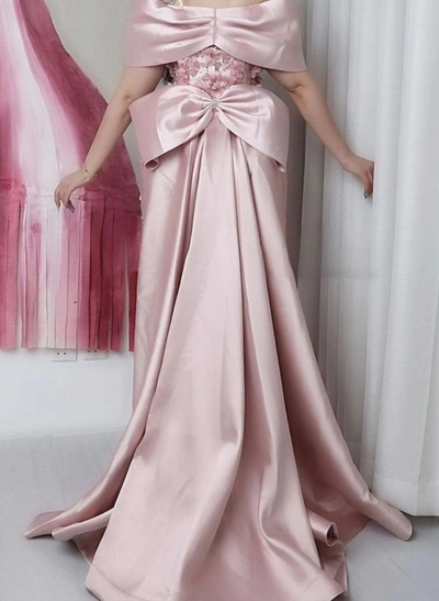 Sheath/Column Off-The-Shoulder Sweep Train Lace/Satin Prom Dresses With Bow(s)/Sequins/Flower(s)